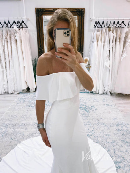 Simple Sheath Satin Wedding Dresses Off the Shoulder VW2141-wedding dresses 2025 -Viniodress-Ivory-Custom Size-