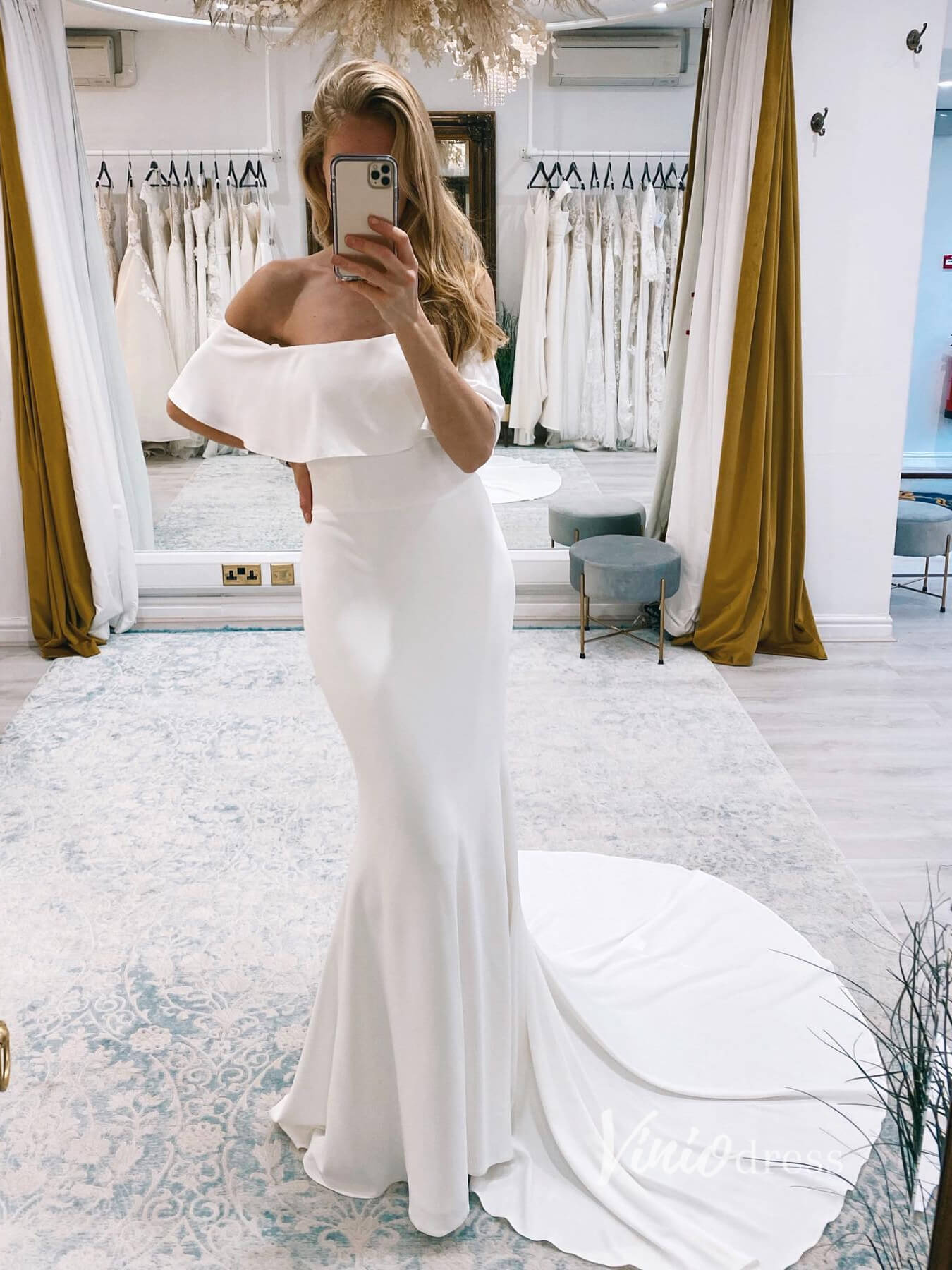 Simple Sheath Satin Wedding Dresses Off the Shoulder VW2141-wedding dresses 2025 -Viniodress-Ivory-Custom Size-