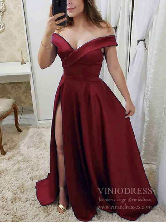 Simple Side Slit Burgundy Long Prom Dresses Off the Shoulder FD1709-prom dresses 2025 -Viniodress-Burgundy-Custom Size-