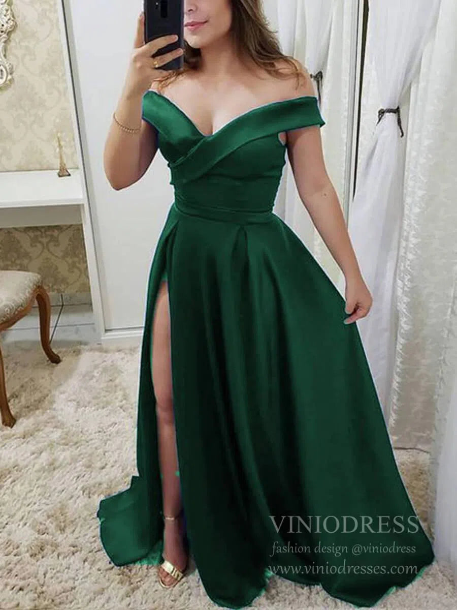 Prom Dress 2025 Simple Side Slit Burgundy Long Prom Dresses Off the Shoulder FD1709-unique prom dresses-Emerald Green-Custom Size-Viniodress