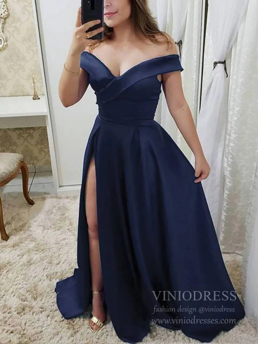 Prom Dress 2025 Simple Side Slit Burgundy Long Prom Dresses Off the Shoulder FD1709-unique prom dresses-Navy Blue-Custom Size-Viniodress