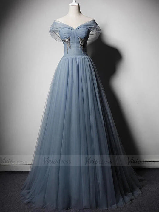Simple Slate Blue Tulle Long Prom Dresses Off the Shoulder FD1619-prom dresses 2025 -Viniodress-Slate Blue-Custom Size-