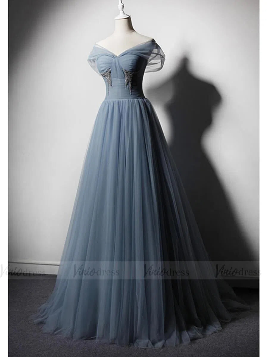 Prom Dress 2025 Simple Slate Blue Tulle Long Prom Dresses Off the Shoulder FD1619-unique prom dresses-Slate Blue-Custom Size-Viniodress