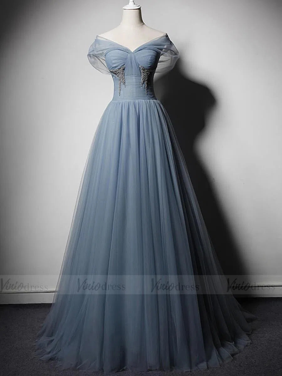 Prom Dress 2025 Simple Slate Blue Tulle Long Prom Dresses Off the Shoulder FD1619-unique prom dresses-Slate Blue-Custom Size-Viniodress