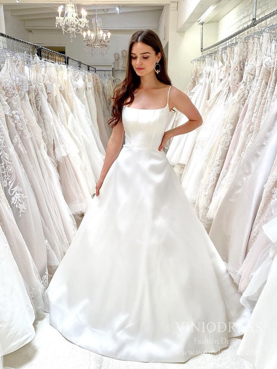 plain satin wedding dress Simple Spaghetti Strap Satin Wedding Dresses Low Back VW1846 – Viniodress