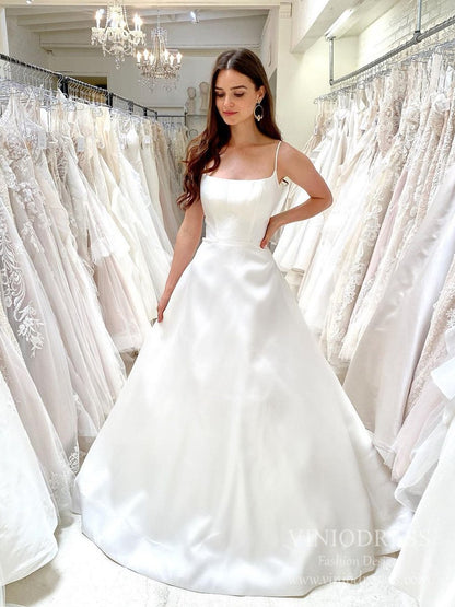 Simple Spaghetti Strap Satin Wedding Dresses Low Back VW1846-wedding dresses 2025 -Viniodress-Ivory-Custom Size-