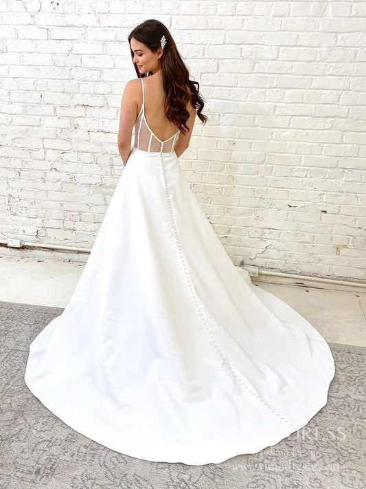 Simple Spaghetti Strap Satin Wedding Dresses Low Back VW1846-wedding dresses 2025 -Viniodress-Ivory-Custom Size-
