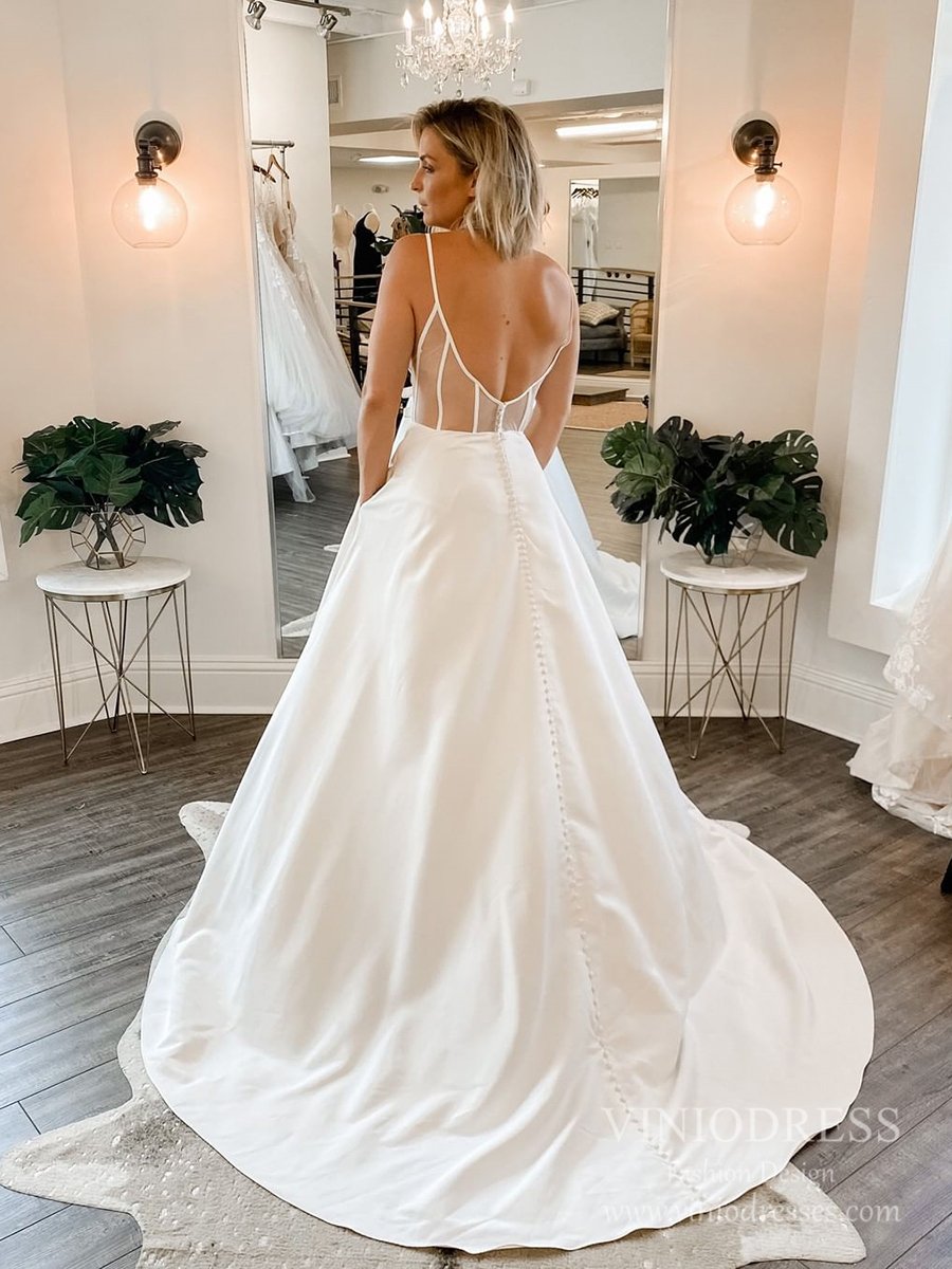 Simple Spaghetti Strap Satin Wedding Dresses Low Back VW1846-wedding dresses-Viniodress-Viniodress