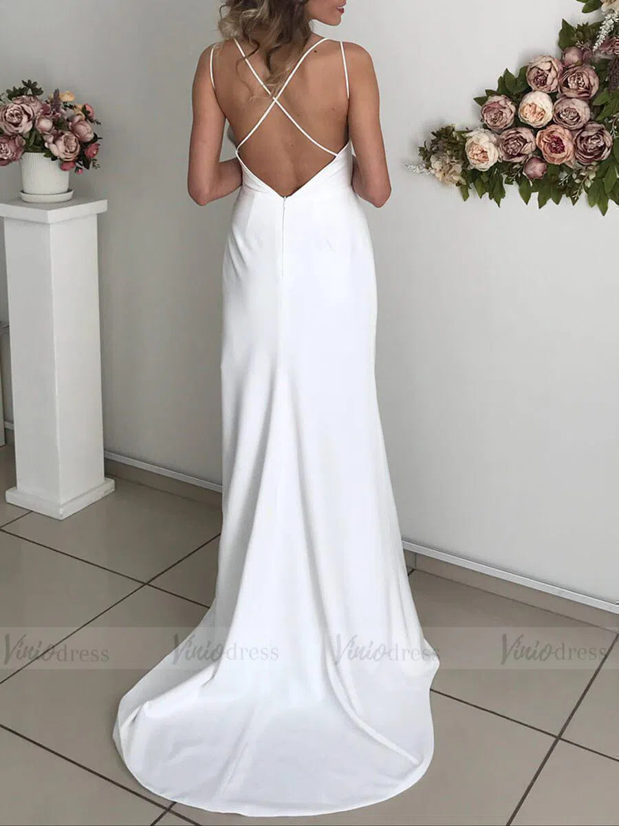 Simple Spaghetti Strap Sheath Beach Wedding Dresses with Slit VW1335-wedding dresses 2025 -Viniodress-Ivory-Custom Size-