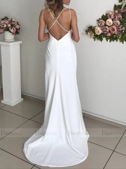 Simple Spaghetti Strap Sheath Beach Wedding Dresses with Slit VW1335-wedding dresses 2025 -Viniodress-Ivory-Custom Size-