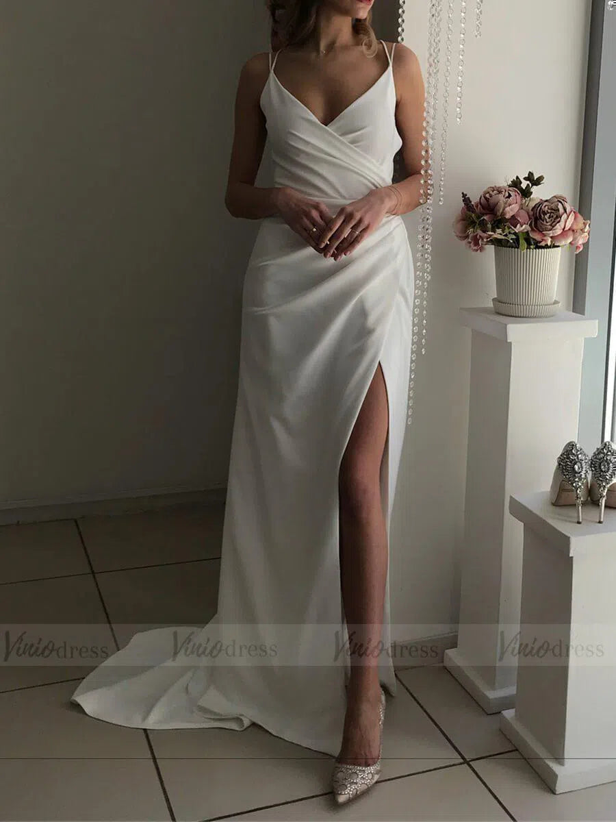 Simple Spaghetti Strap Sheath Beach Wedding Dresses with Slit VW1335-wedding dresses 2025 -Viniodress-Ivory-Custom Size-