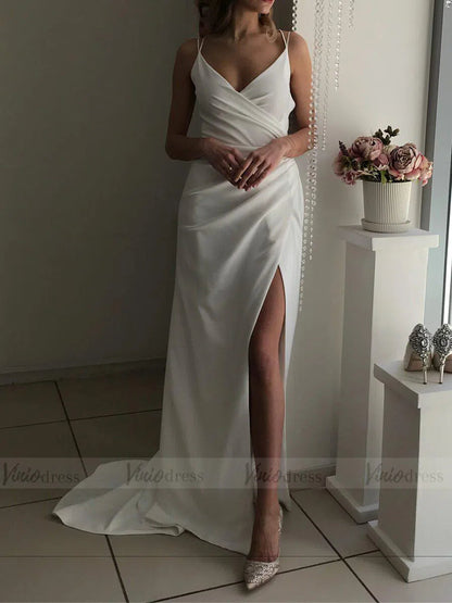 Simple Spaghetti Strap Sheath Beach Wedding Dresses with Slit VW1335-wedding dresses 2025 -Viniodress-Ivory-Custom Size-