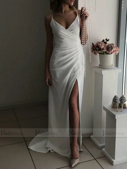 Simple Spaghetti Strap Sheath Beach Wedding Dresses with Slit VW1335-wedding dresses 2025 -Viniodress-Ivory-Custom Size-