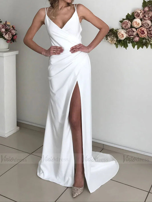 Simple Spaghetti Strap Sheath Beach Wedding Dresses with Slit VW1335-wedding dresses 2025 -Viniodress-Ivory-Custom Size-
