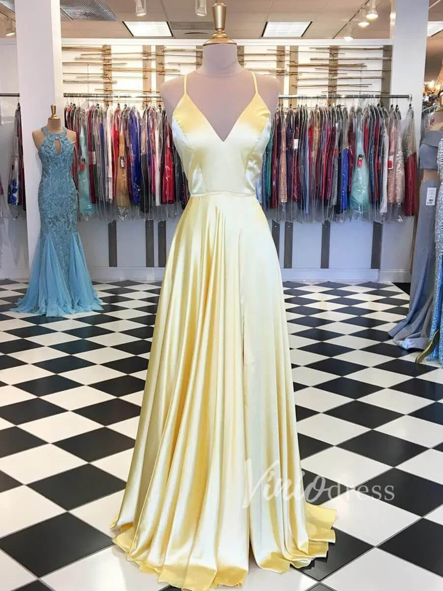 Simple Spaghetti Strap V Neck Satin Long Prom Dresses with Slit FD1359-prom dresses 2025 -Viniodress-Green-Custom Size-