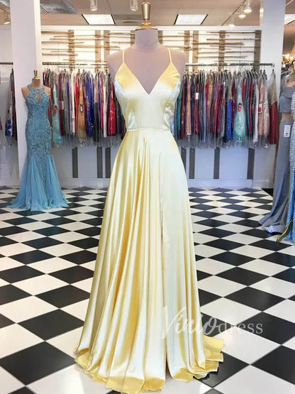 Simple Spaghetti Strap V Neck Satin Long Prom Dresses with Slit FD1359-prom dresses 2025 -Viniodress-Green-Custom Size-