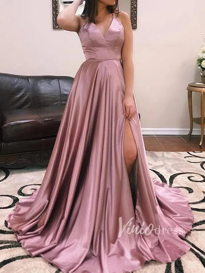 Simple Spaghetti Strap V Neck Satin Long Prom Dresses with Slit FD1359-prom dresses 2025 -Viniodress-Green-Custom Size-