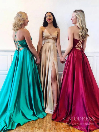 Simple Spaghetti Strap V Neck Satin Long Prom Dresses with Slit FD1359-prom dresses 2025 -Viniodress-Green-Custom Size-
