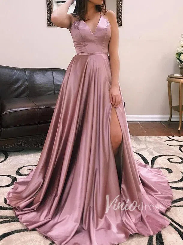 Simple Spaghetti Strap V Neck Satin Long Prom Dresses with Slit FD1359-prom dresses-Viniodress-Viniodress