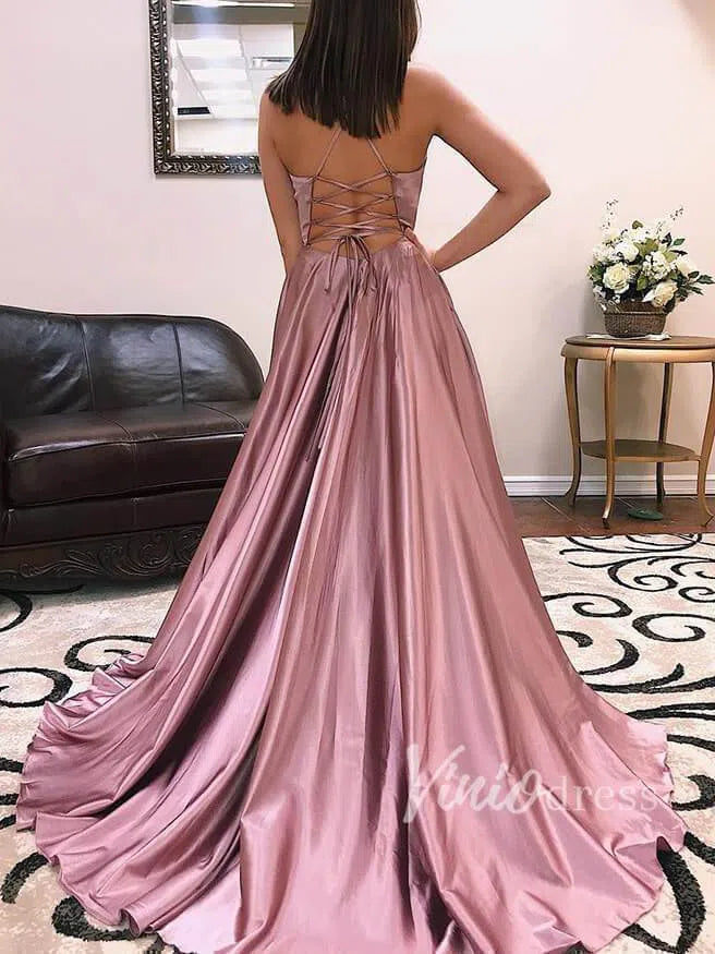 Simple Spaghetti Strap V Neck Satin Long Prom Dresses with Slit FD1359-prom dresses-Viniodress-Viniodress