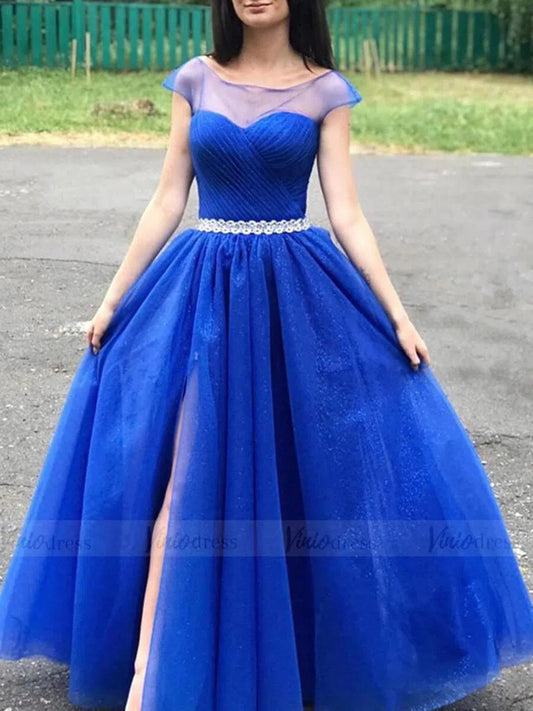 Simple Sparkly Royal Blue Long Prom Dresses with Slit FD1625-prom dresses 2025 -Viniodress-Royal Blue-Custom Size-
