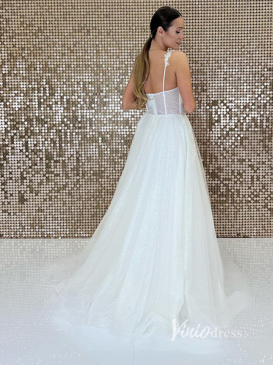 Simple Sparkly Tulle Wedding Dresses Spagehtti Strap VW2112-wedding dresses 2025 -Viniodress-Ivory-Custom Size-