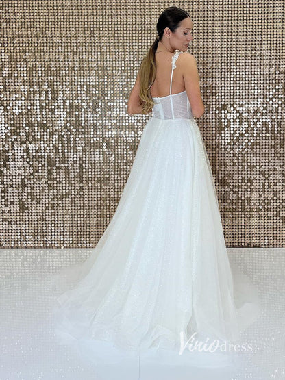 Simple Sparkly Tulle Wedding Dresses Spagehtti Strap VW2112-wedding dresses 2025 -Viniodress-Ivory-Custom Size-