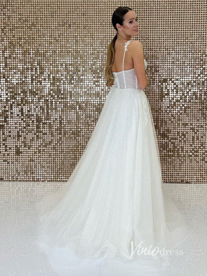 Simple Sparkly Tulle Wedding Dresses Spagehtti Strap VW2112-wedding dresses 2025 -Viniodress-Ivory-Custom Size-