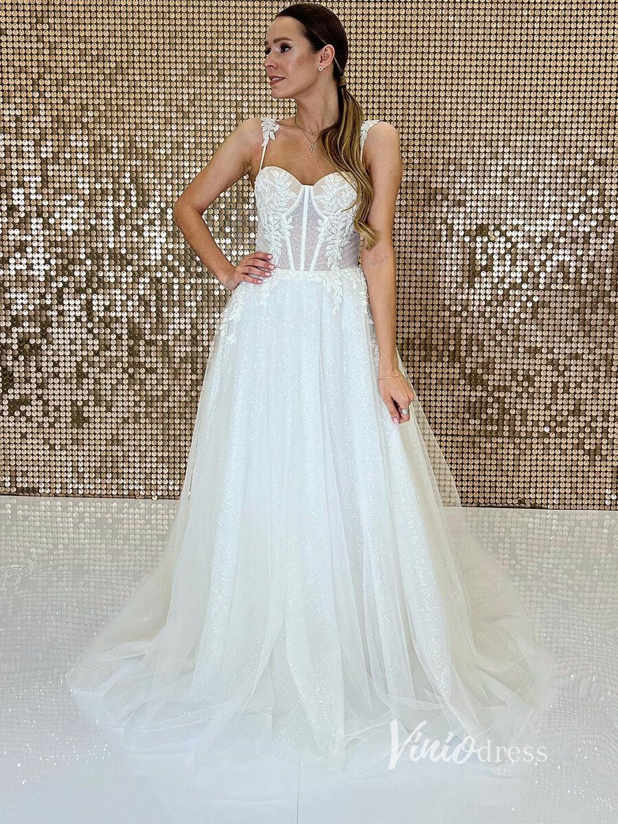 Simple Sparkly Tulle Wedding Dresses Spagehtti Strap VW2112-wedding dresses 2025 -Viniodress-Ivory-Custom Size-