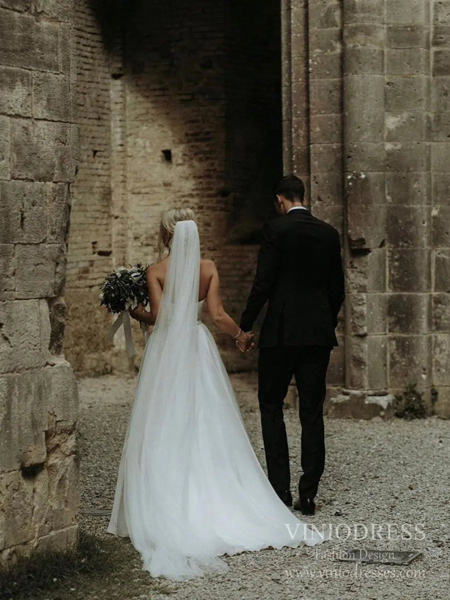 Simple Strapless A-line Wedding Dresses with Veil VW1828-wedding dresses 2025 -Viniodress-Ivory-Custom Size-