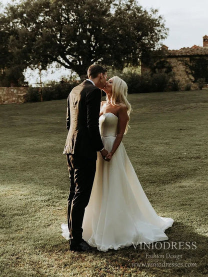 Simple Strapless A-line Wedding Dresses with Veil VW1828-wedding dresses 2025 -Viniodress-Ivory-Custom Size-