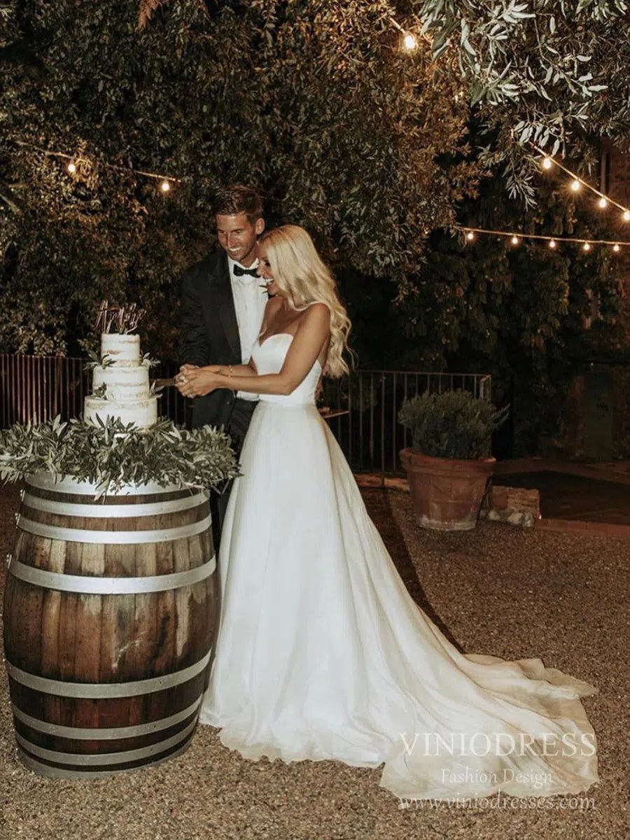 Simple Strapless A-line Wedding Dresses with Veil VW1828-wedding dresses 2025 -Viniodress-Ivory-Custom Size-