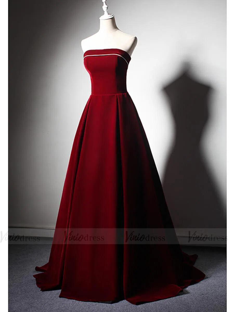 Simple Strapless Burgundy Velvet Prom Dresses Long FD1621-prom dresses 2025 -Viniodress-Burgundy-Custom Size-