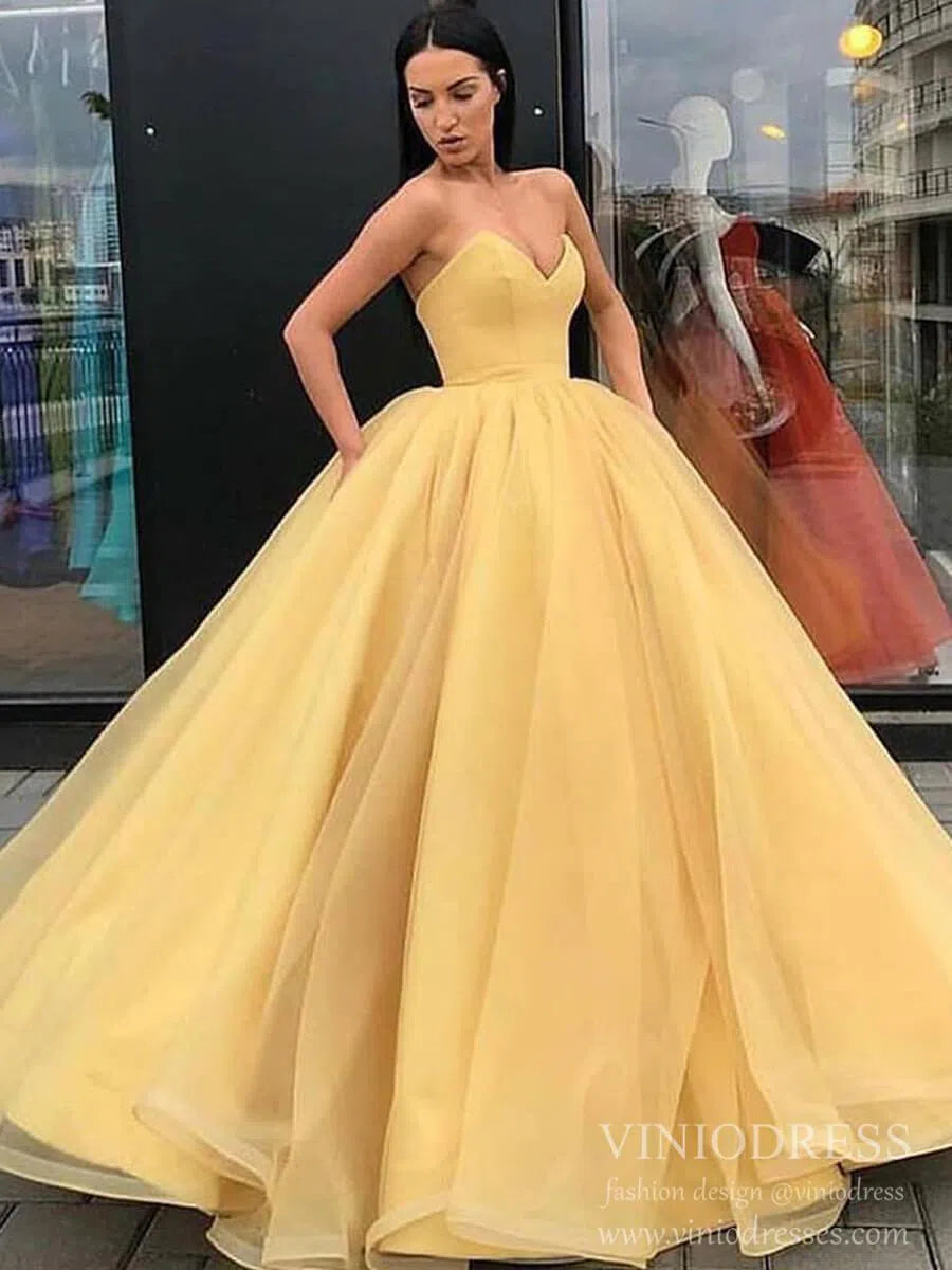 Simple Strapless Fluffy Ball Gown Quinceanera Dresses Vintage Prom Dress FD2098 viniodress-prom dresses 2025 -Viniodress-Gold-Custom Size-
