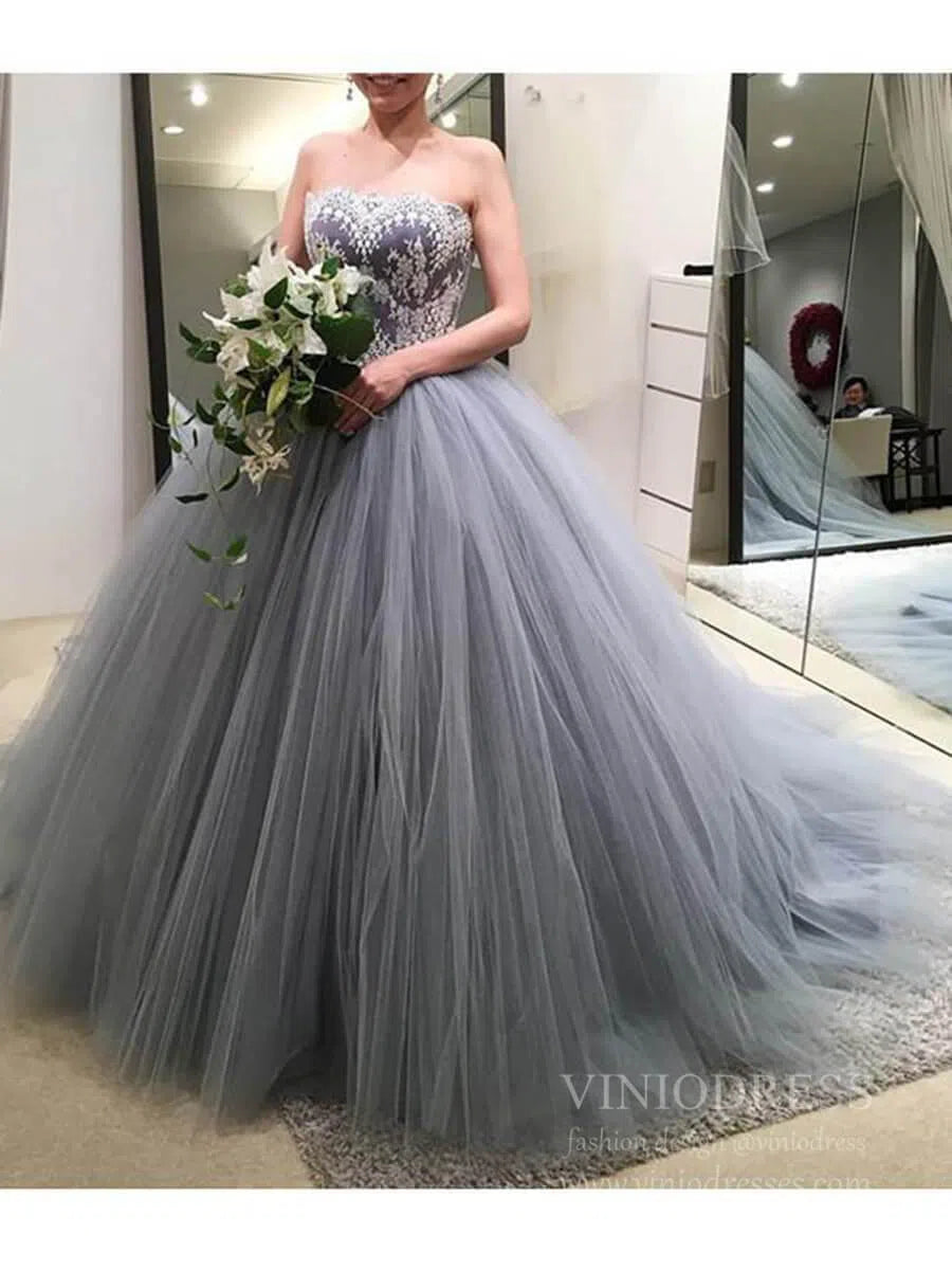 Simple Strapless Gray Ball Gown Prom Dresses Sweet 15 Princess Dress FD1697-prom dresses 2025 -Viniodress-Gray-Custom Size-