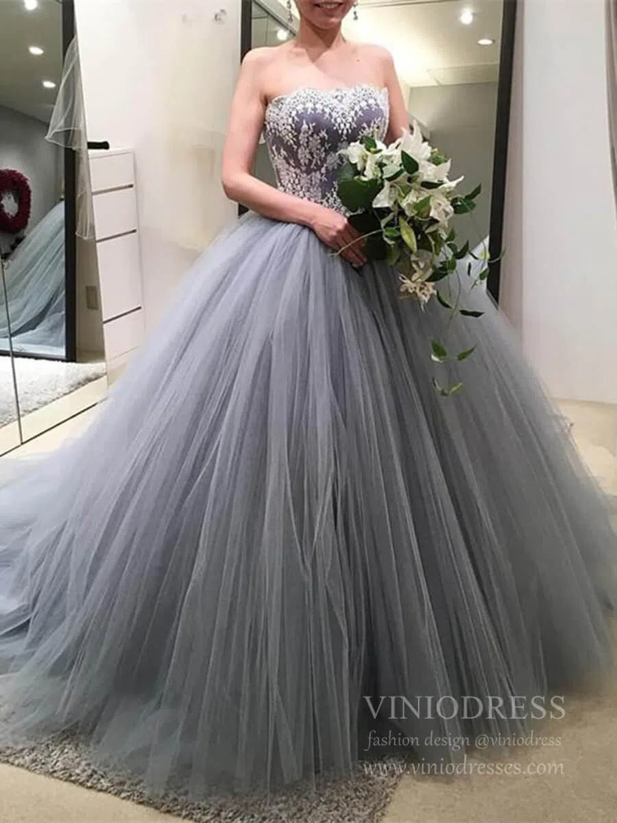 Simple Strapless Gray Ball Gown Prom Dresses Sweet 15 Princess Dress FD1697-prom dresses 2025 -Viniodress-Gray-Custom Size-