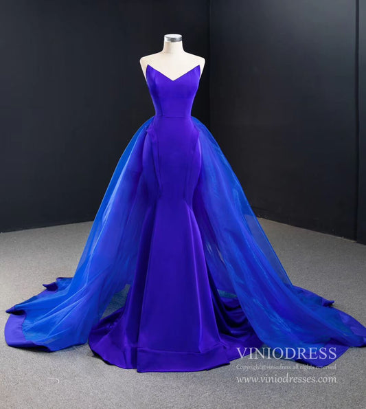 Simple Strapless Royal Blue Mermaid Prom Dress with Tulle Skirt FD2408 viniodress-prom dresses 2025 -Viniodress-Royal Blue-Custom Size-