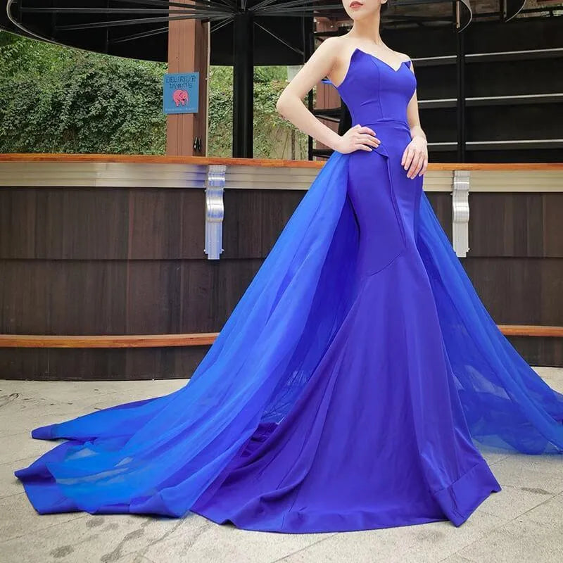 Simple Strapless Royal Blue Mermaid Prom Dress with Tulle Skirt FD2408 viniodress-prom dresses 2025 -Viniodress-Royal Blue-Custom Size-