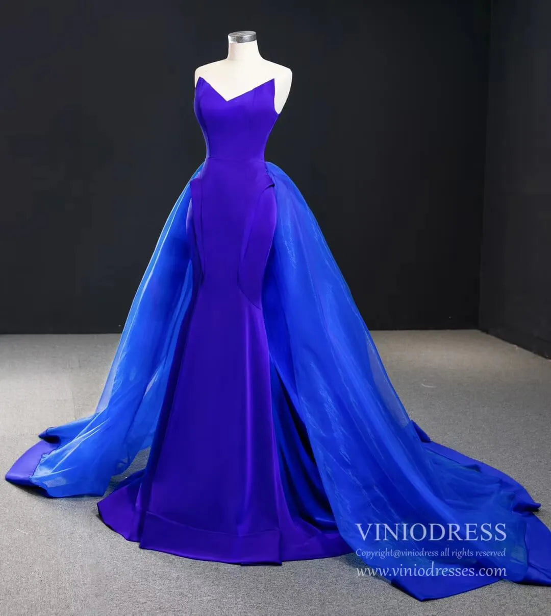 Simple Strapless Royal Blue Mermaid Prom Dress with Tulle Skirt FD2408 viniodress-prom dresses 2025 -Viniodress-Royal Blue-Custom Size-