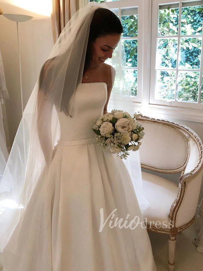 Simple Strapless Satin Wedding Dresses with Pockets VW1207-wedding dresses 2025 -Viniodress-Ivory-Custom Size-