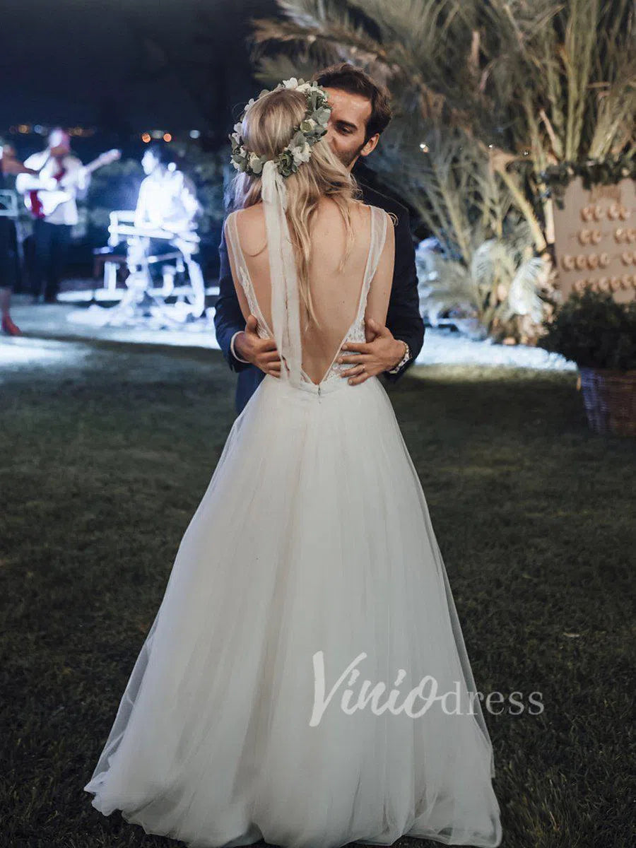 Simple V Neck Boho Wedding Dresses Backless Rustic Wedding Gowns VW1218-wedding dresses-Viniodress-Viniodress