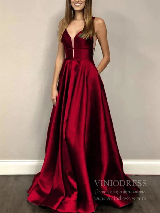 Prom Dress 2025 Simple V Neck Burgundy Long Satin Prom Dresses with Pockets FD1510-unique prom dresses-Burgundy-Custom Size-Viniodress