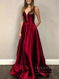 Prom Dress 2025 Simple V Neck Burgundy Long Satin Prom Dresses with Pockets FD1510-unique prom dresses-Burgundy-Custom Size-Viniodress