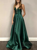 Prom Dress 2025 Simple V Neck Burgundy Long Satin Prom Dresses with Pockets FD1510-unique prom dresses-Dark Green-Custom Size-Viniodress