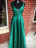 Prom Dress 2025 Simple V Neck Burgundy Long Satin Prom Dresses with Pockets FD1510-unique prom dresses-Emerald Green-Custom Size-Viniodress