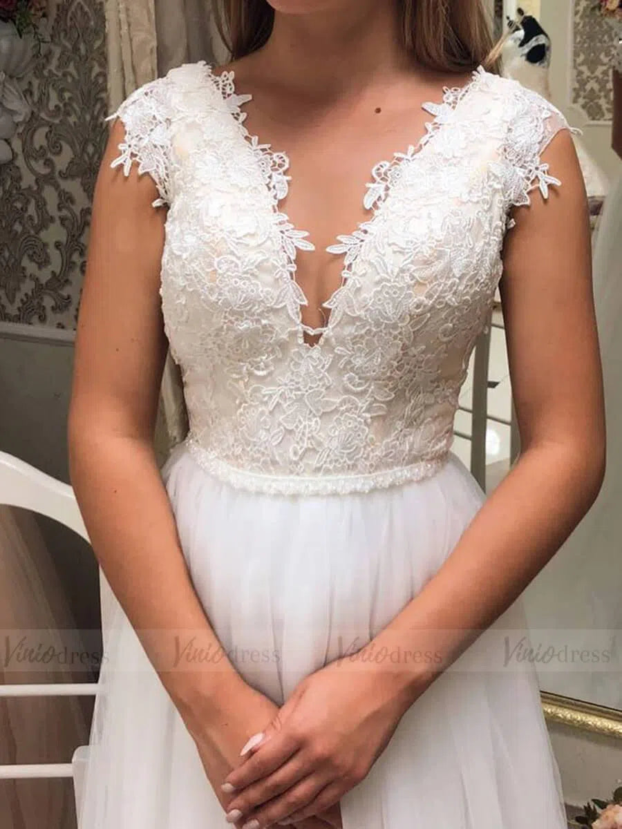 Simple Cheap V Neck Lace Beach Wedding Dresses Cap Sleeve VW1385-wedding dresses-Viniodress-Viniodress