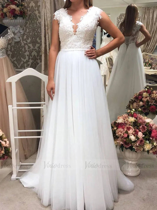 Simple Cheap V Neck Lace Beach Wedding Dresses Cap Sleeve VW1385-wedding dresses-Viniodress-Ivory-Custom Size-Viniodress