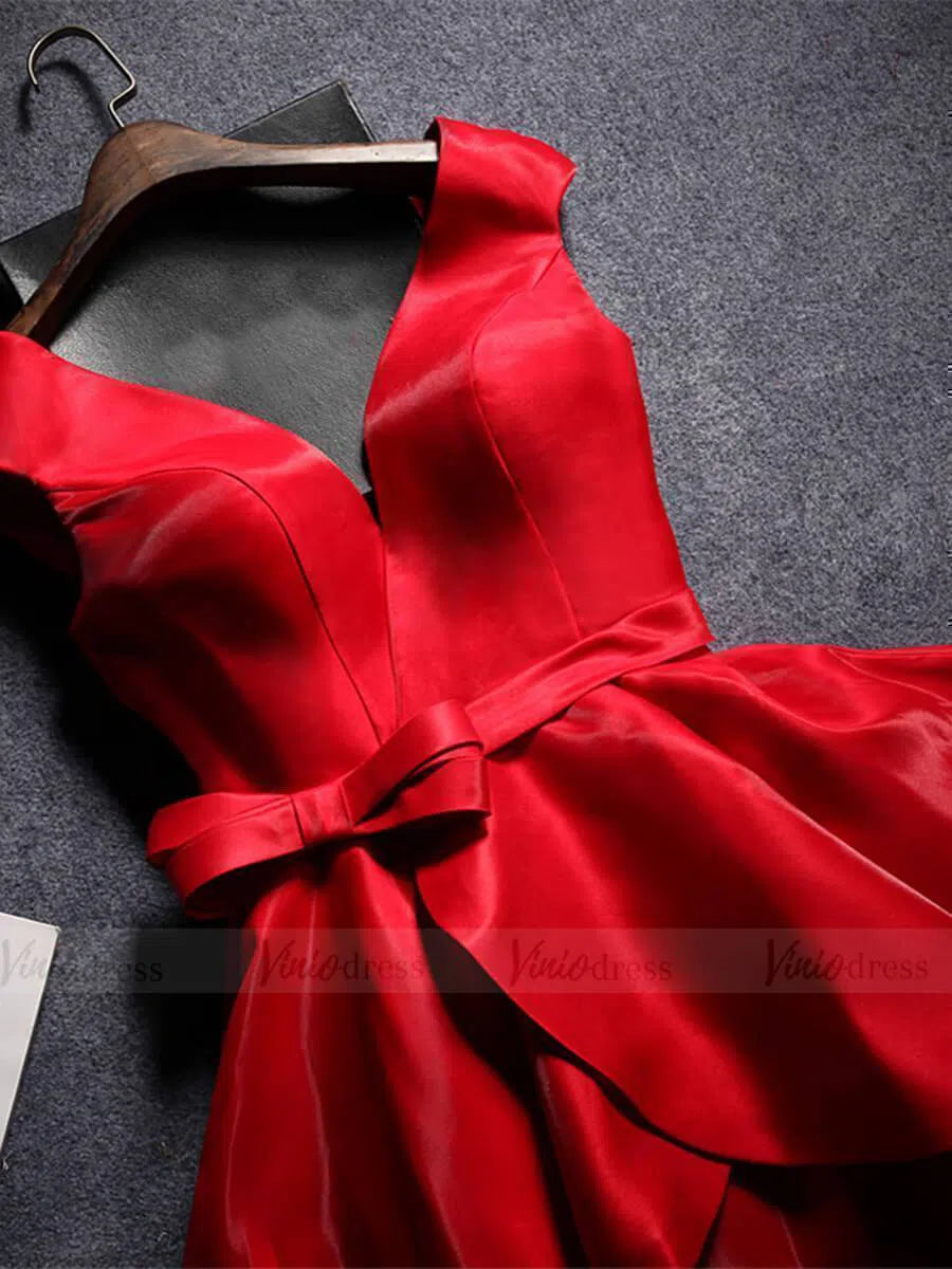 Simple V Neck Red Graduation Dresses Knee Length Hoco Dress SD1210-Homecoming Dresses 2025 -Viniodress-Red-Custom Size-