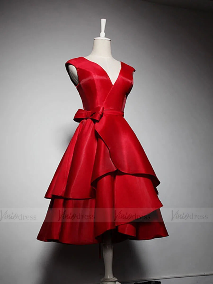 Simple V Neck Red Graduation Dresses Knee Length Hoco Dress SD1210-Homecoming Dresses 2025 -Viniodress-Red-Custom Size-