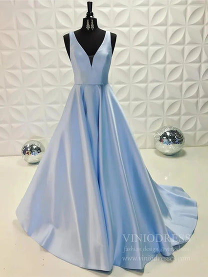 Simple V Neck Yellow Long Prom Dresses with Pockets FD1713-prom dresses 2025 -Viniodress-Light Blue-Custom Size-